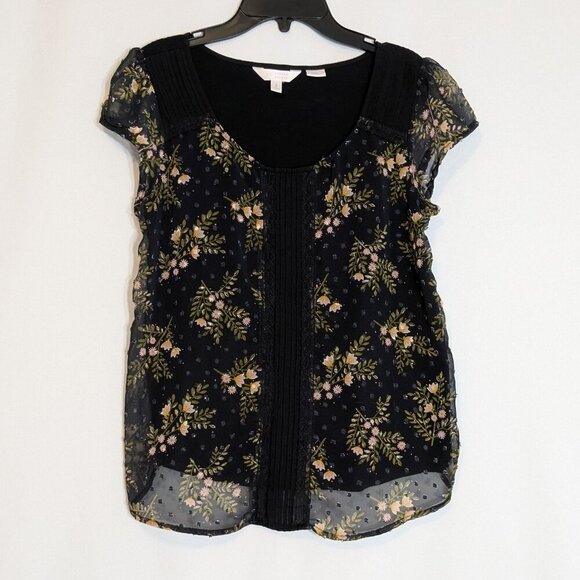 LC LAUREN CONRAD "Love Lauren" Black Floral Cap Sleeve Lined Chiffon Top; Size S - Picture 1 of 7